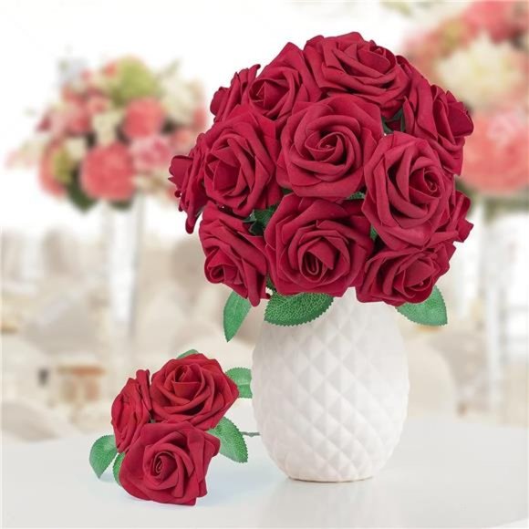 50Pcs Red Roses Artificial Flowers, Dark Red Fake Real Looking Foam Rose Wedding - Picture 12 of 12